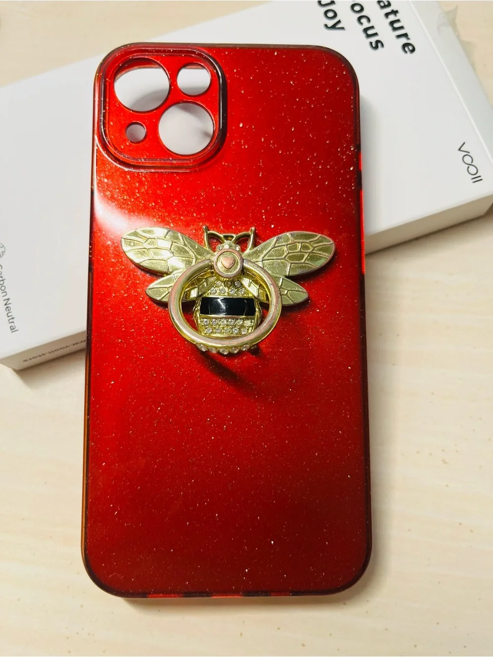 Red Glitter Phone Case with Gold Bee Ring Holder